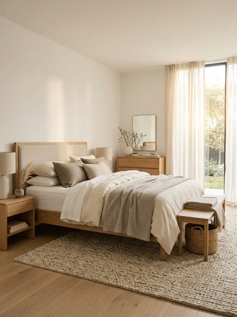 Cozy minimalist bedroom decorated with warm white walls, beige bedding, oak furniture, and soft natural light for a relaxing retreat.