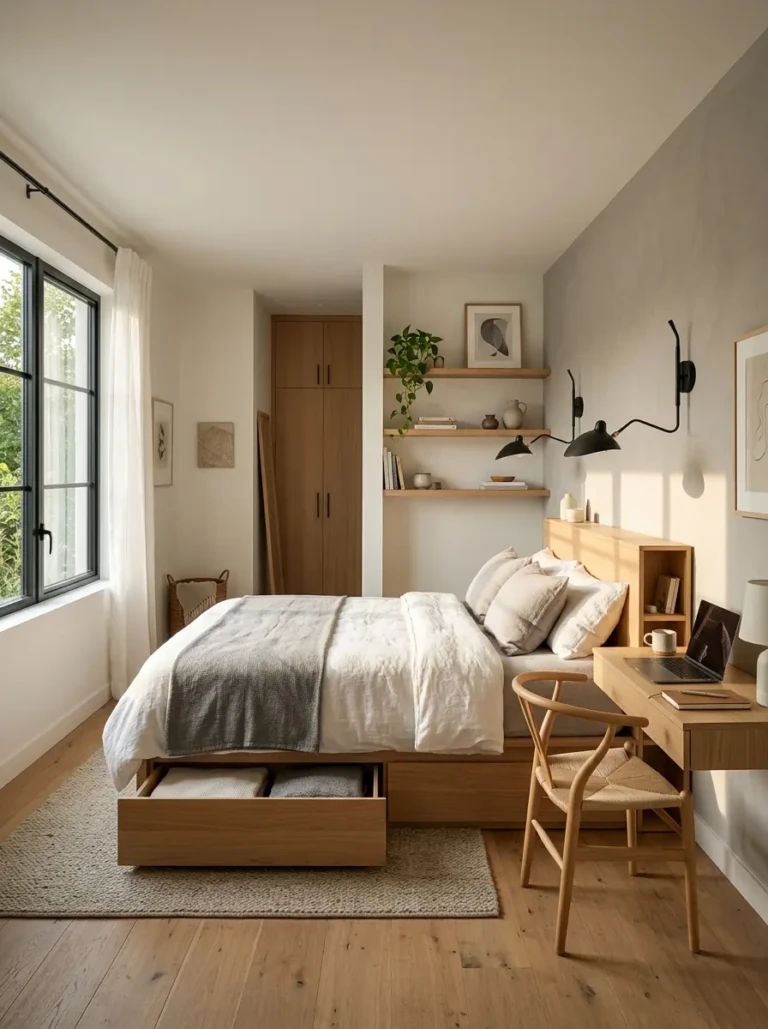 Beautiful minimalist bedroom showcasing floating shelves, wall sconces, multifunctional furniture, and a neutral Scandinavian-inspired design.