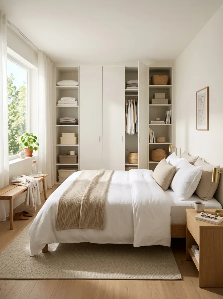 Elegant minimalist bedroom illuminated by warm bedside lamps, ambient lighting, candles, and soft neutral decor creating a cozy evening mood.