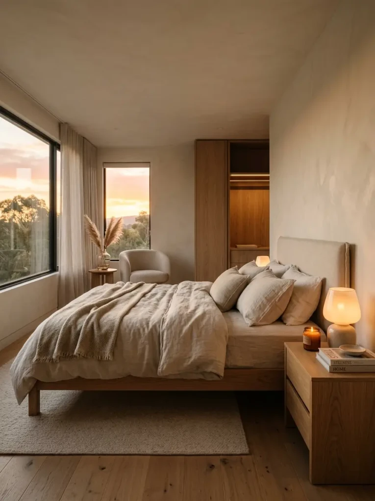 Inviting minimalist bedroom with plush linen bedding, oversized pillows, cozy knit blanket, wool rug, and warm bedside lighting.