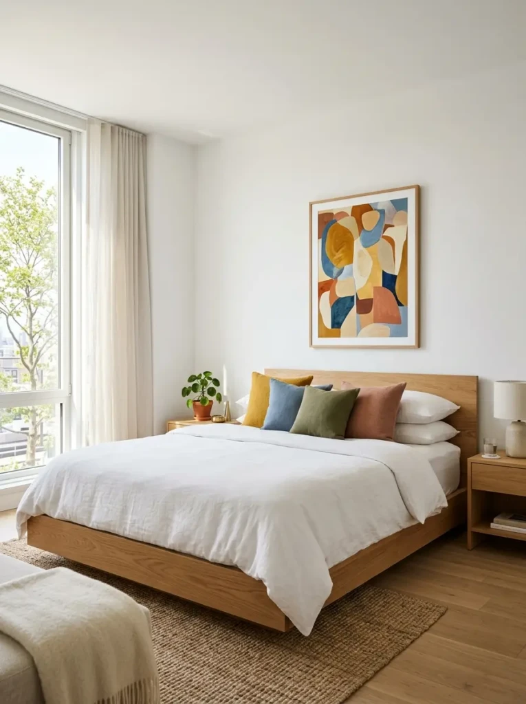Colorful minimalist bedroom with neutral walls, colorful accent pillows, abstract artwork, and modern furniture creating a balanced design.