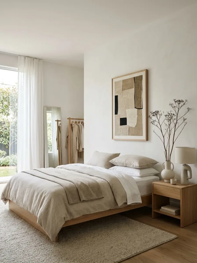 Modern minimalist bedroom featuring one abstract artwork, ceramic vase, linen bedding, and carefully curated decor with clean surfaces.