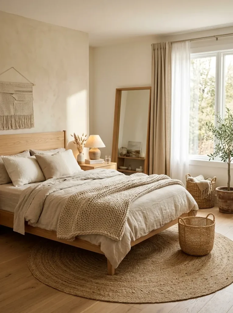 Cozy minimalist bedroom featuring oak furniture, linen bedding, woven baskets, jute rug, and organic textures in warm natural light.