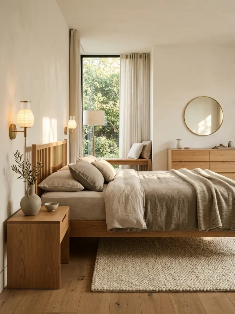 High-end minimalist bedroom featuring solid oak furniture, luxury linen bedding, handcrafted decor, and elegant designer lighting.