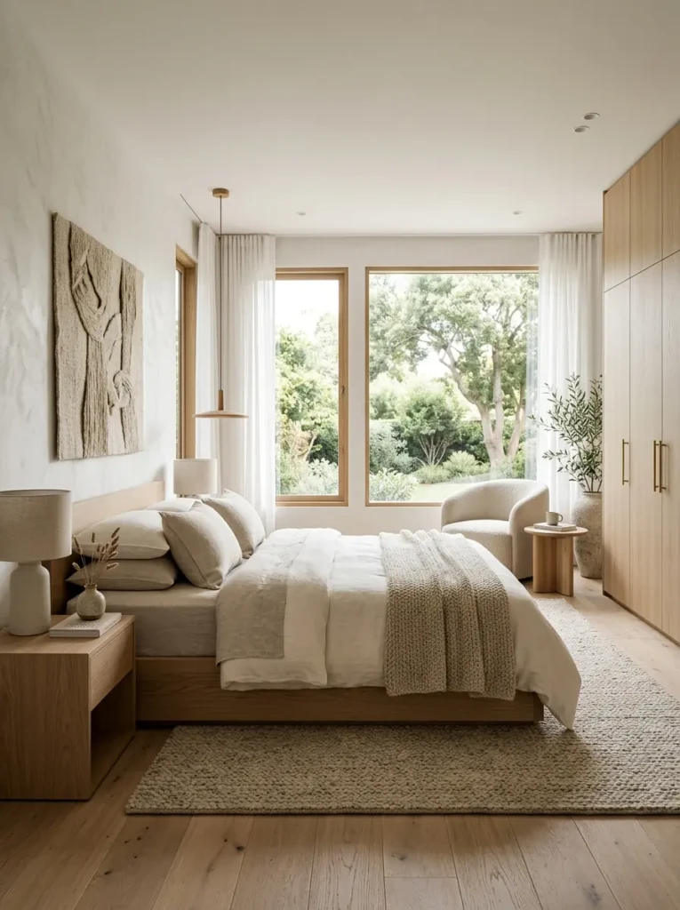 Luxurious minimalist bedroom with natural wood furniture, white linen bedding, large windows, organic textures, and a serene timeless atmosphere.