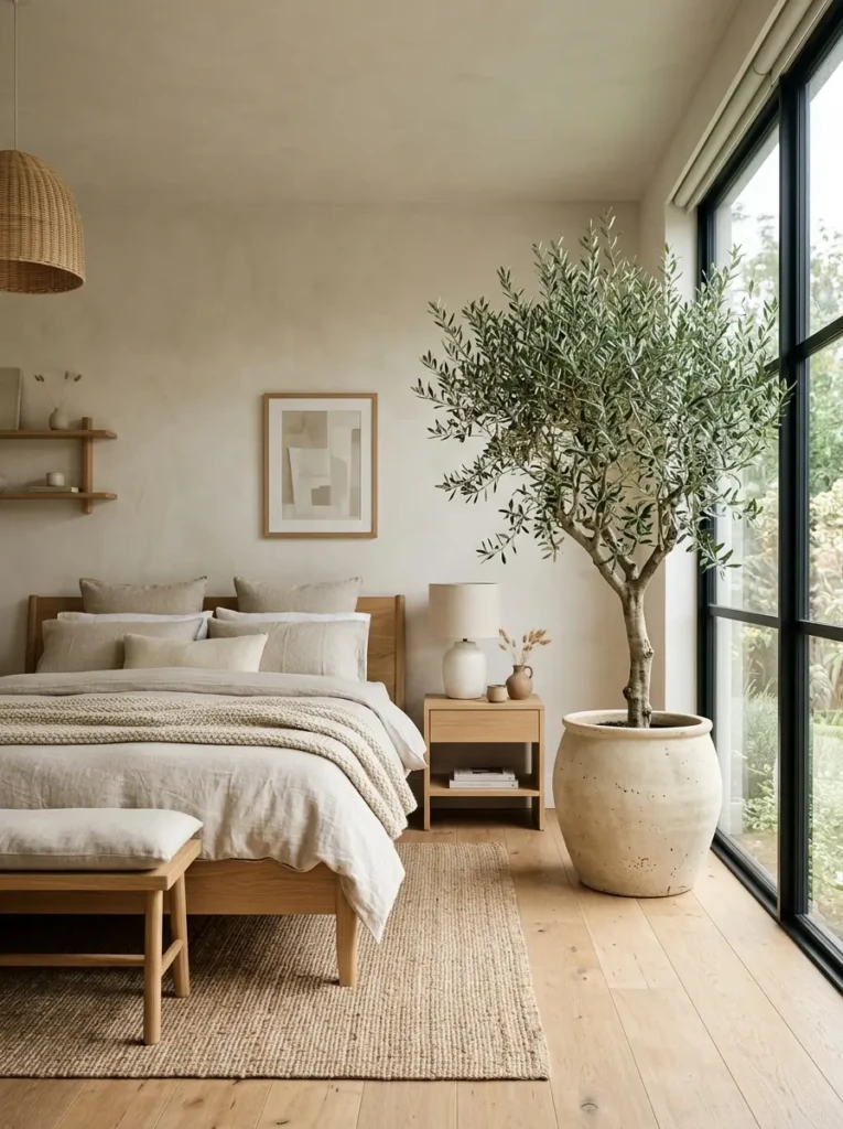 Peaceful minimalist bedroom with coordinated neutral furniture, hidden storage solutions, clean surfaces, and spacious open layout.
