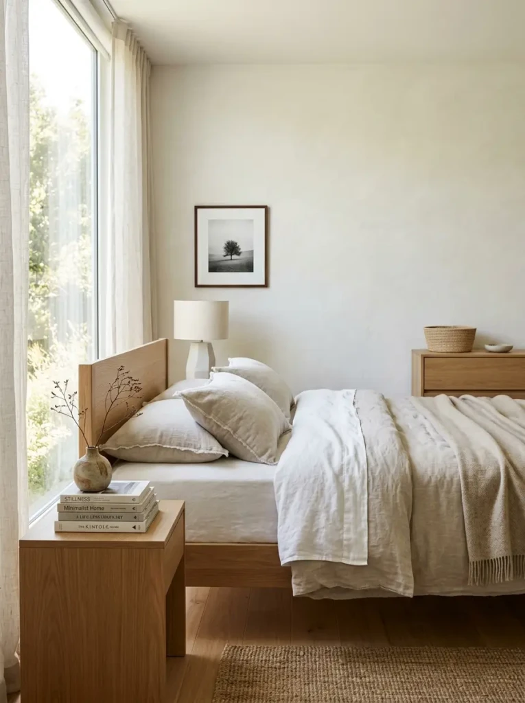 Bright minimalist bedroom with a neatly made bed, organized storage, tidy surfaces, and natural sunlight highlighting a clutter-free space.
