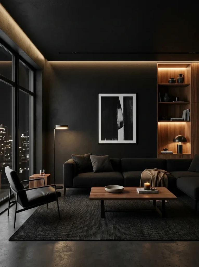 Black minimalist room with matte black walls, warm wood accents, and sophisticated modern styling