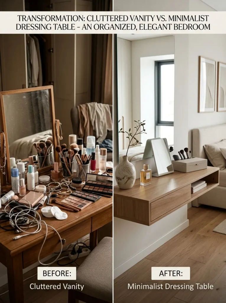 Comparison of a cluttered vanity and an organized minimalist dressing table