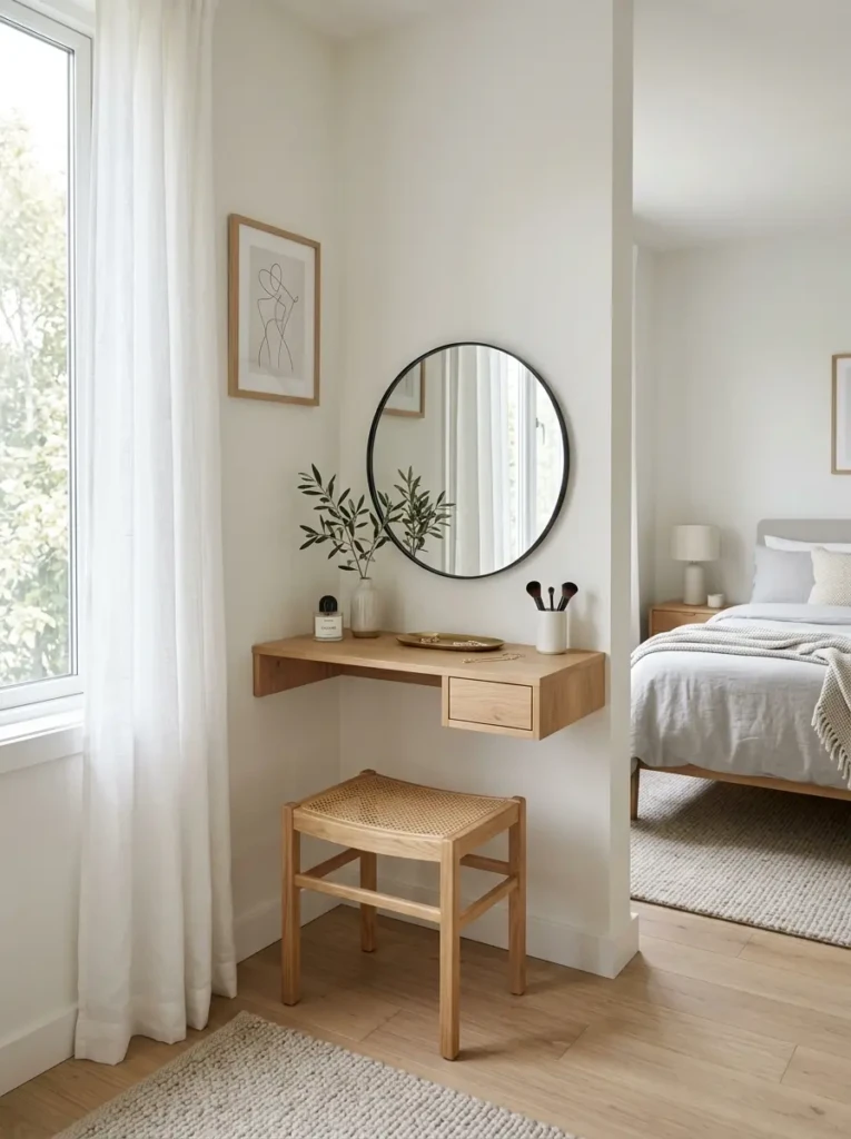 Compact minimalist dressing table perfectly fitted in a bright modern bedroom