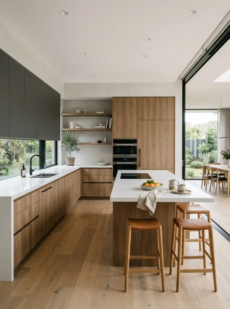 Modern kitchen set minimalist design featuring flat-panel cabinets, seamless countertops, neutral colors, and elegant contemporary styling.