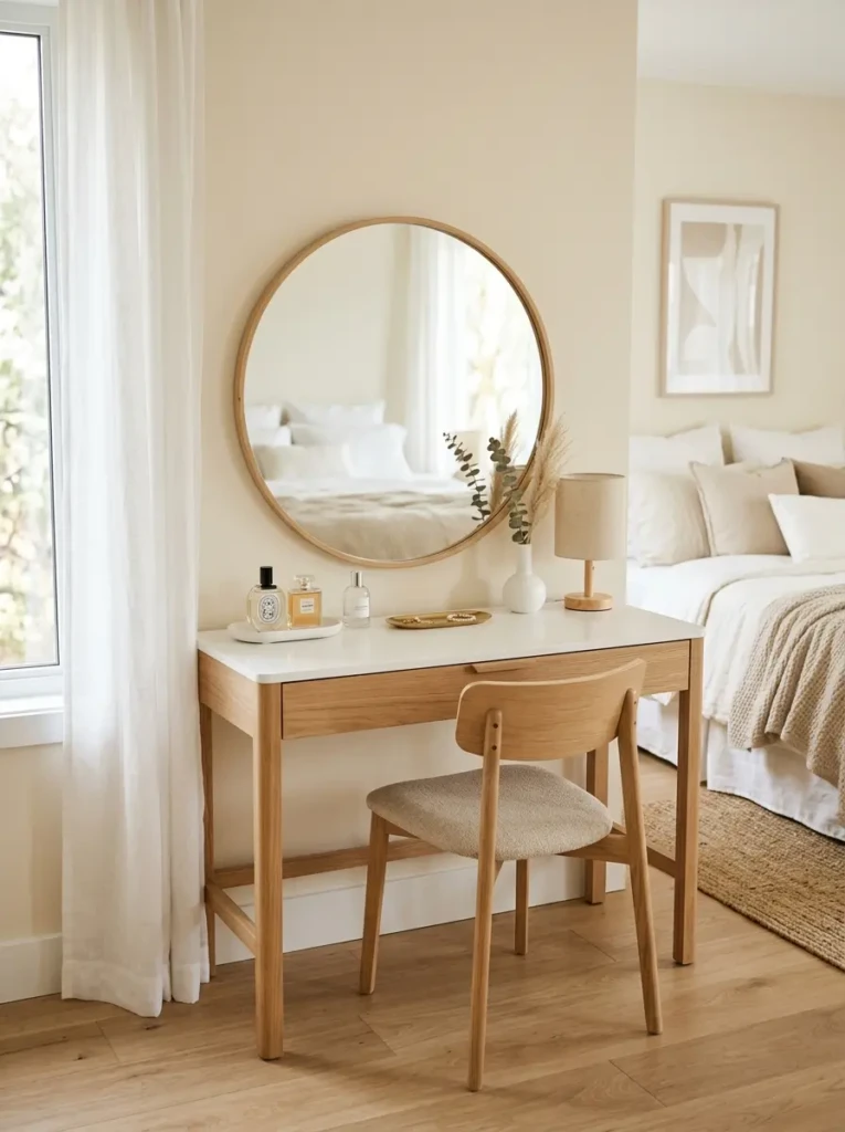 Beige and white minimalist dressing table with natural wood finishes in a stylish bedroom