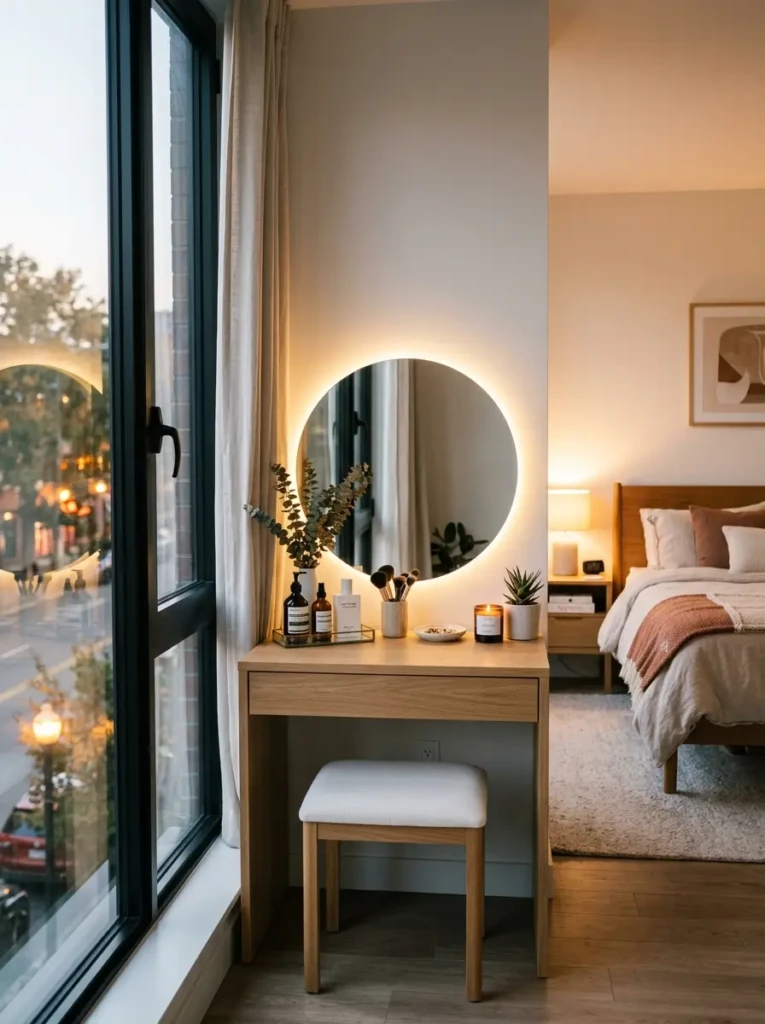 Minimalist dressing table with natural sunlight and warm LED lighting for a cozy vanity
