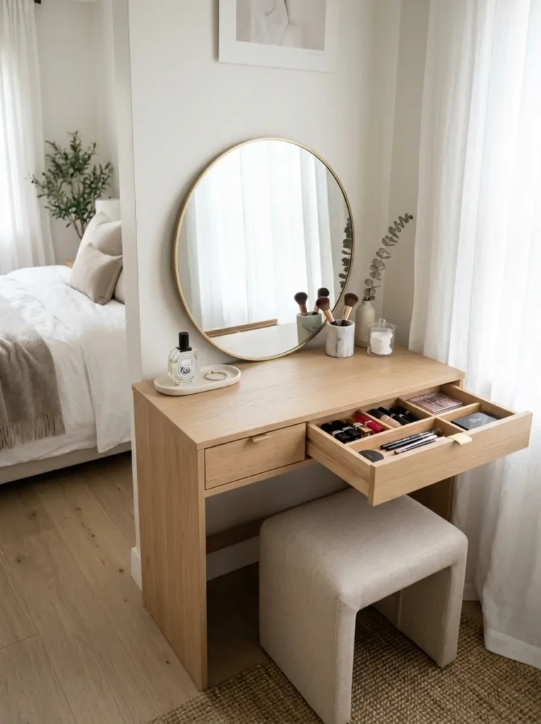 Clean minimalist dressing table with organized drawers and spotless vanity surface