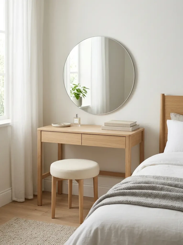 Wooden minimalist dressing table paired with a comfortable upholstered stool