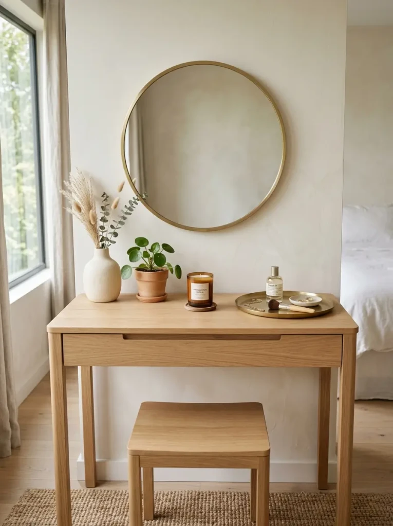 Minimalist dressing table decorated with a ceramic vase, candle, and indoor plant