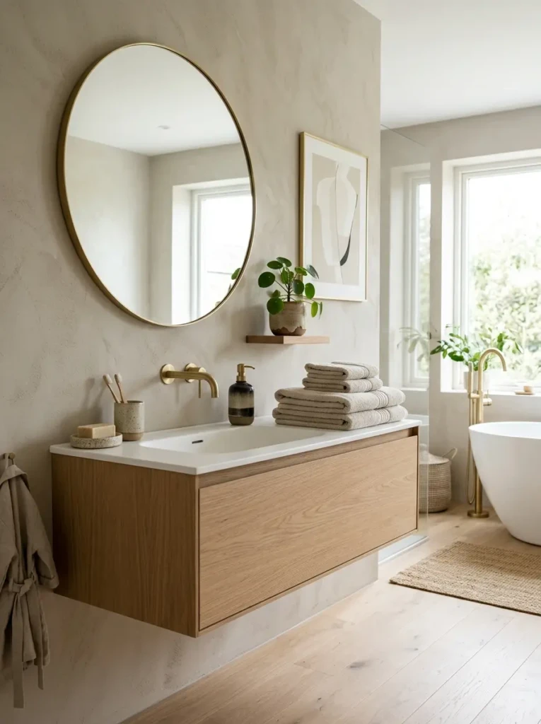 Sophisticated minimalist bathroom decor with handmade ceramics, luxury towels, framed artwork, and a small indoor plant.