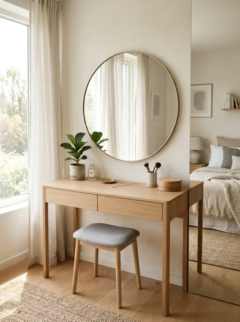 Modern minimalist dressing table with wooden vanity, round mirror, and neutral bedroom decor