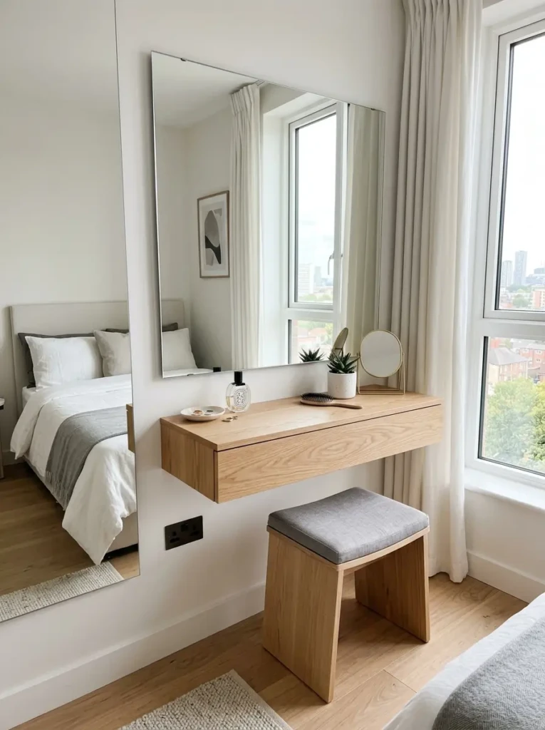 Floating minimalist dressing table with wall-mounted mirror in a compact bedroom