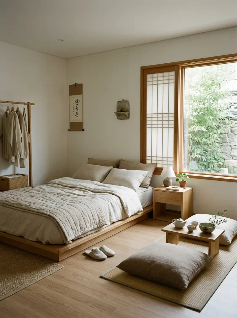 Korean minimalist room with low bed, natural wood furniture, soft textiles, and cozy neutral decor