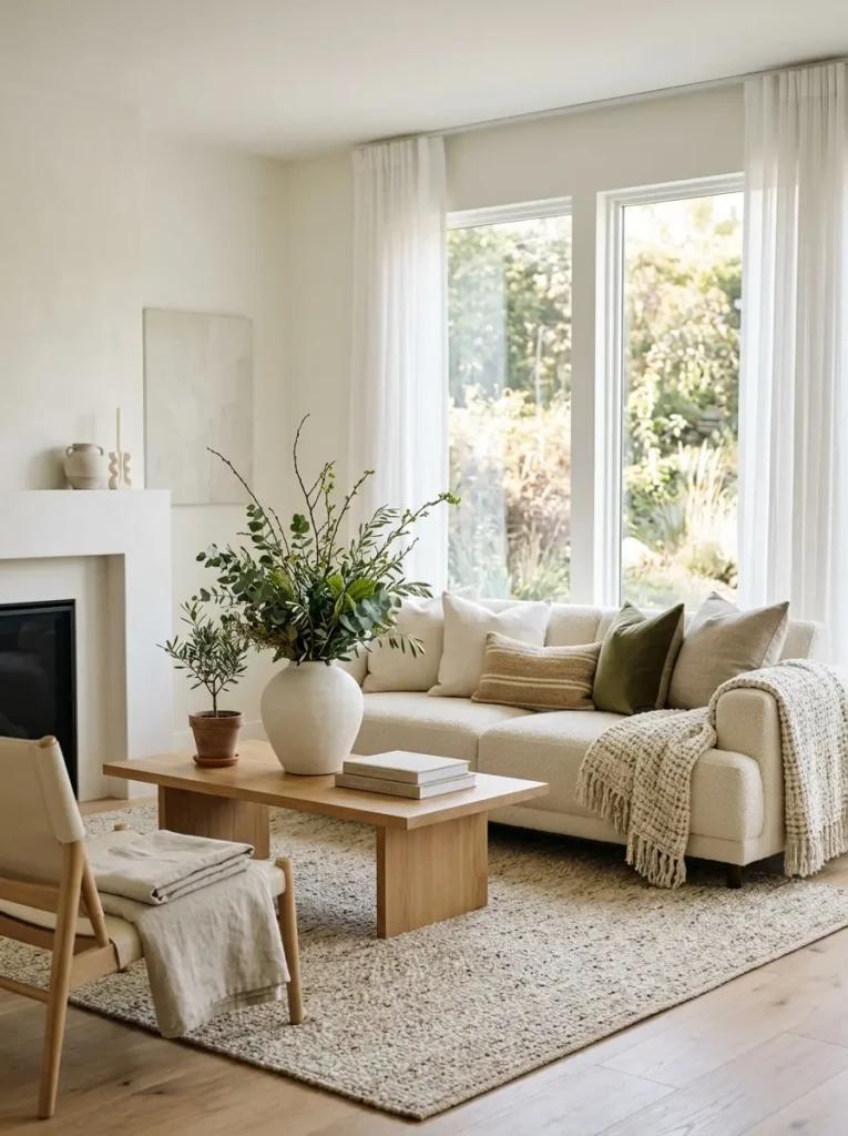 Minimalist living room updated with fresh greenery, cozy throws, and seasonal decorative accents.