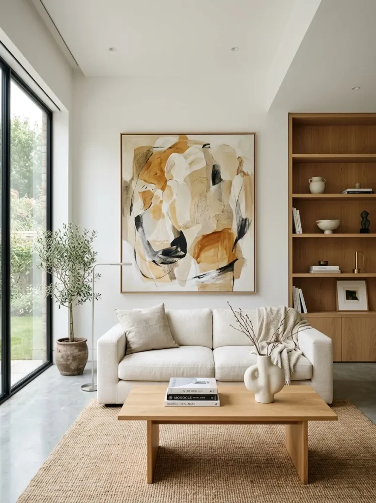 Minimalist living room styled with meaningful artwork, sculptural vases, and simple decorative accents.