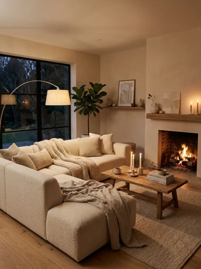 Cozy minimalist living room with warm lighting, layered blankets, soft cushions, and a welcoming atmosphere.