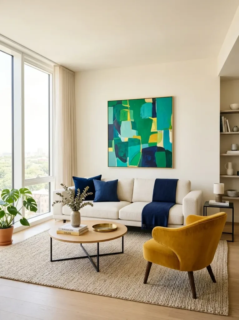 Colorful minimalist living room featuring bold accent furniture balanced with clean modern design.