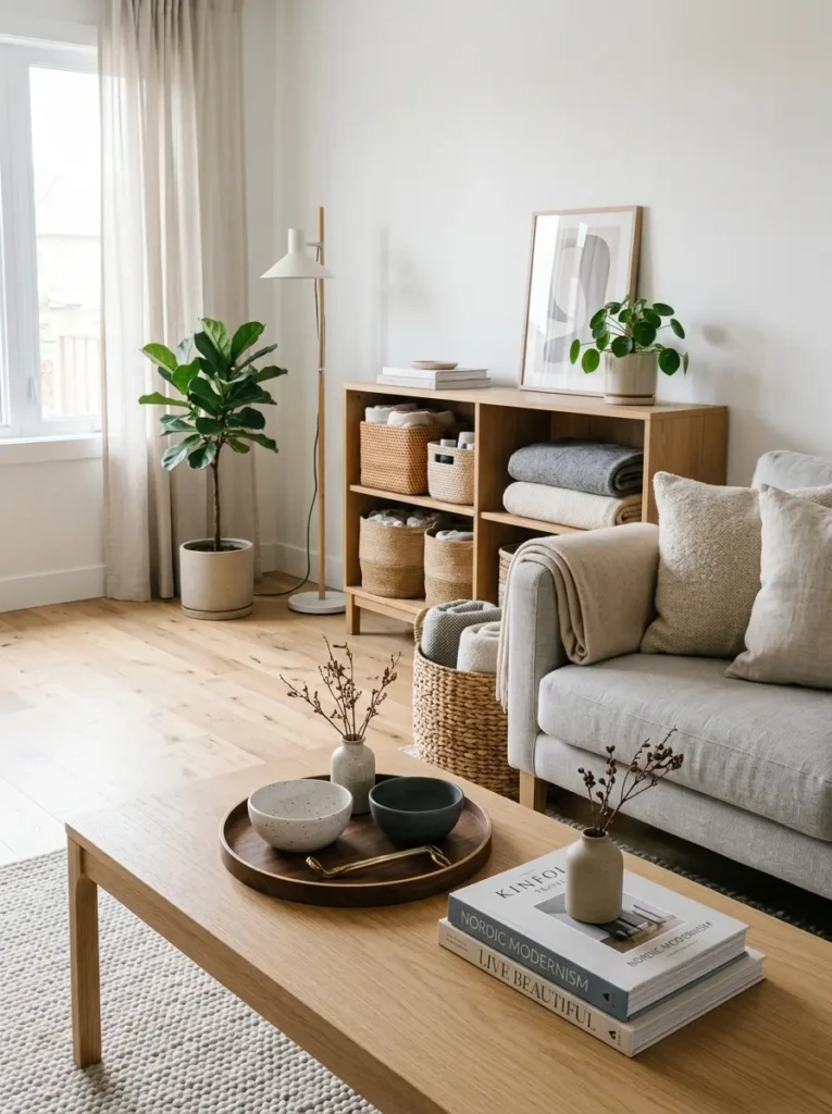 Minimalist living room decorated with stylish trays, woven baskets, ceramic bowls, and organized décor.