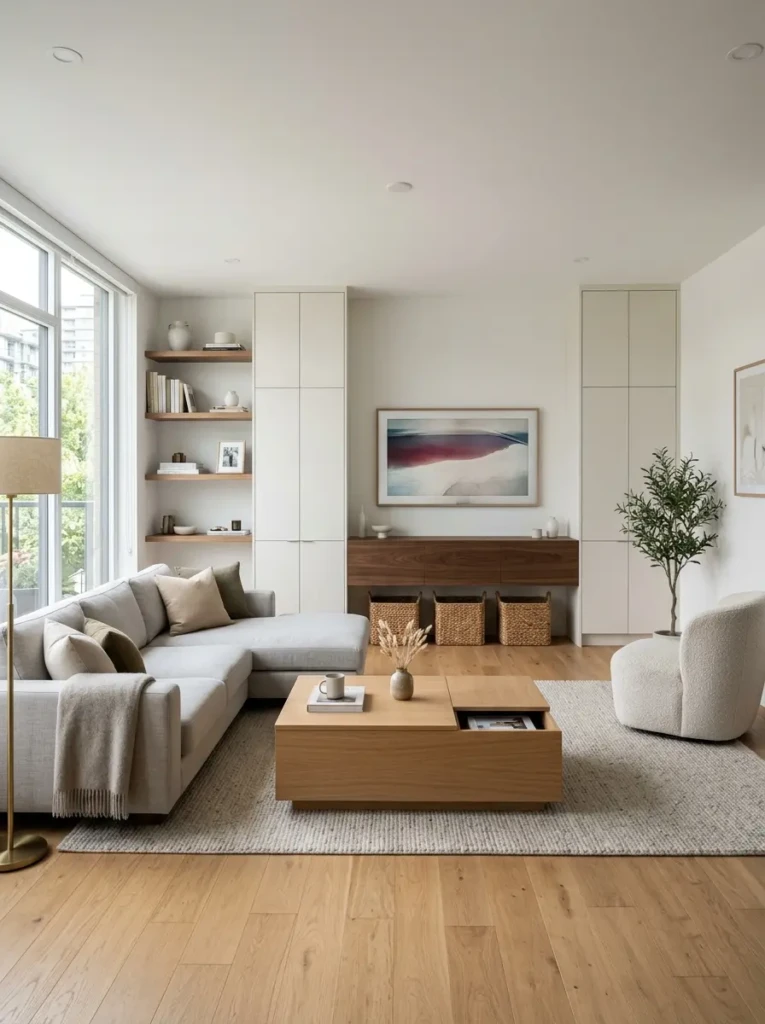 Minimalist living room with hidden storage furniture, organized shelves, and clutter-free surfaces.