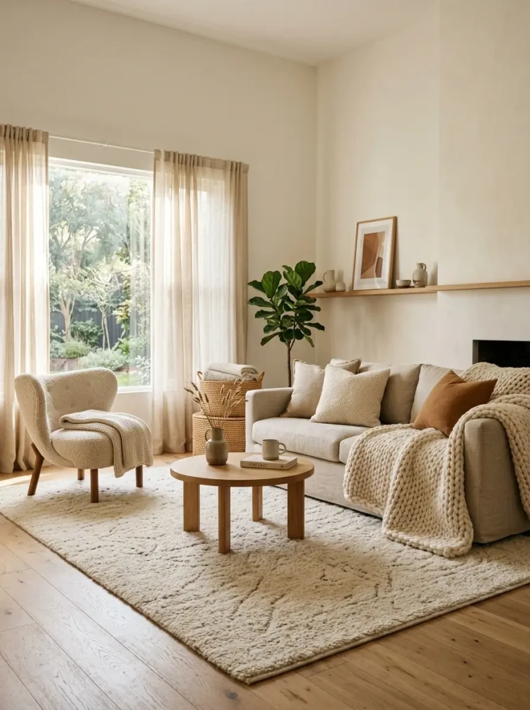 Minimalist living room layered with knit throws, boucle cushions, soft rugs, and warm natural textures.