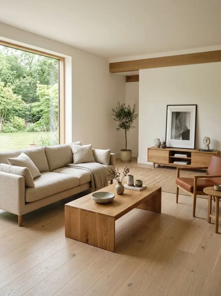 Minimalist living room with premium linen sofa, solid wood furniture, and timeless design elements.