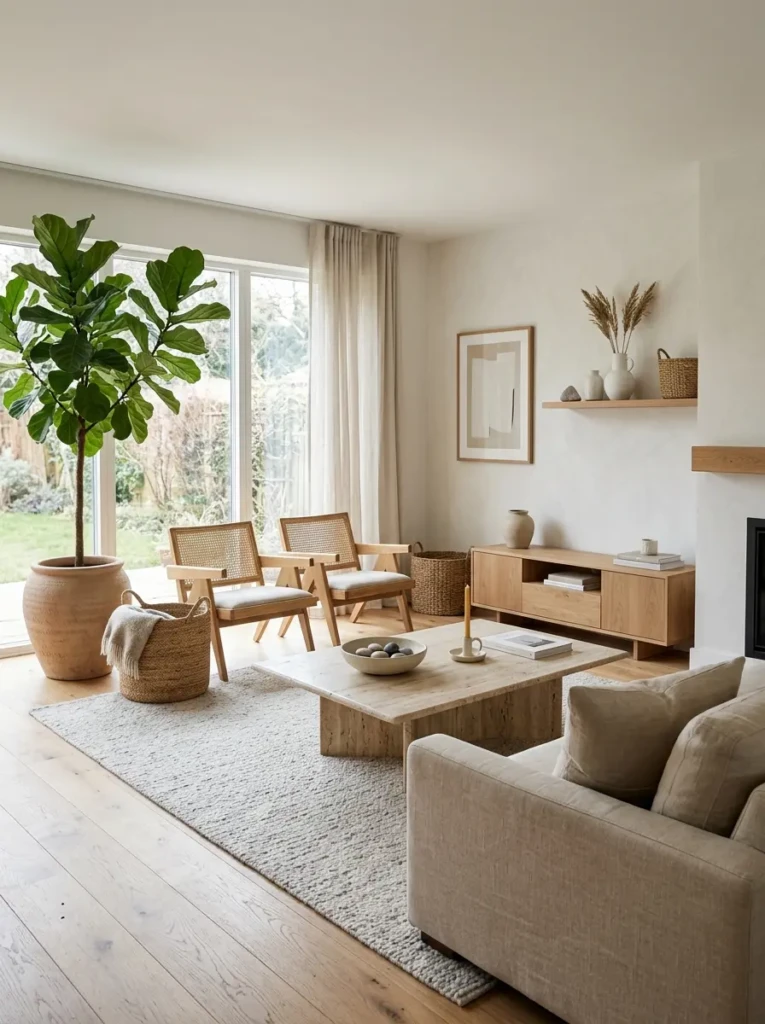 Minimalist living room featuring oak furniture, stone décor, ceramic accents, and indoor greenery.