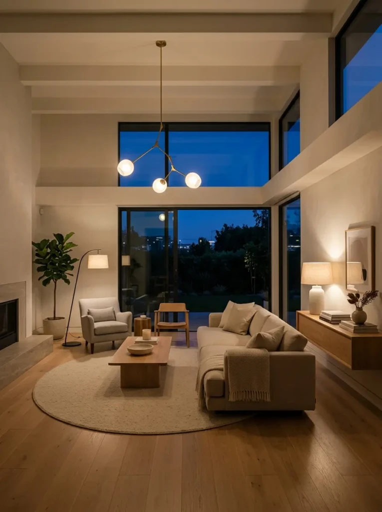 Modern minimalist living room illuminated with pendant lights, floor lamps, and warm layered lighting.
