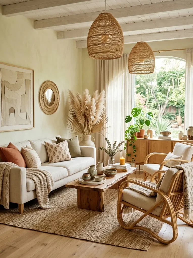 Boho minimalist living room with rattan furniture, jute rug, woven lighting, and earthy neutral décor