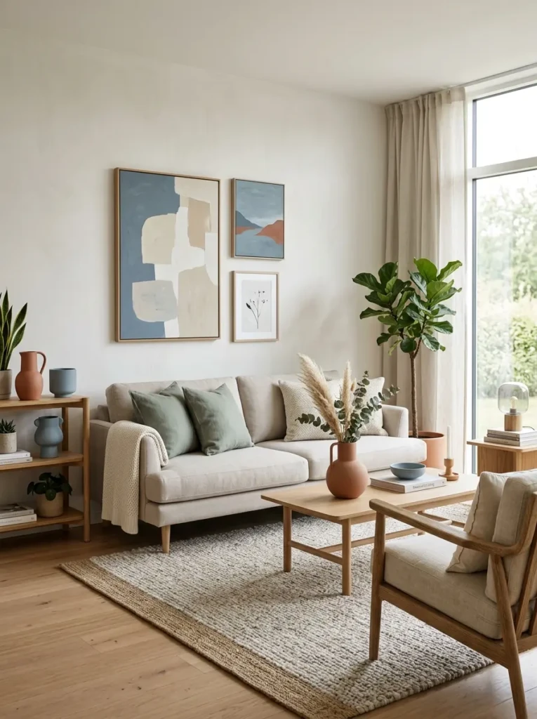 Minimalist living room with muted green pillows, terracotta accents, and elegant neutral styling.