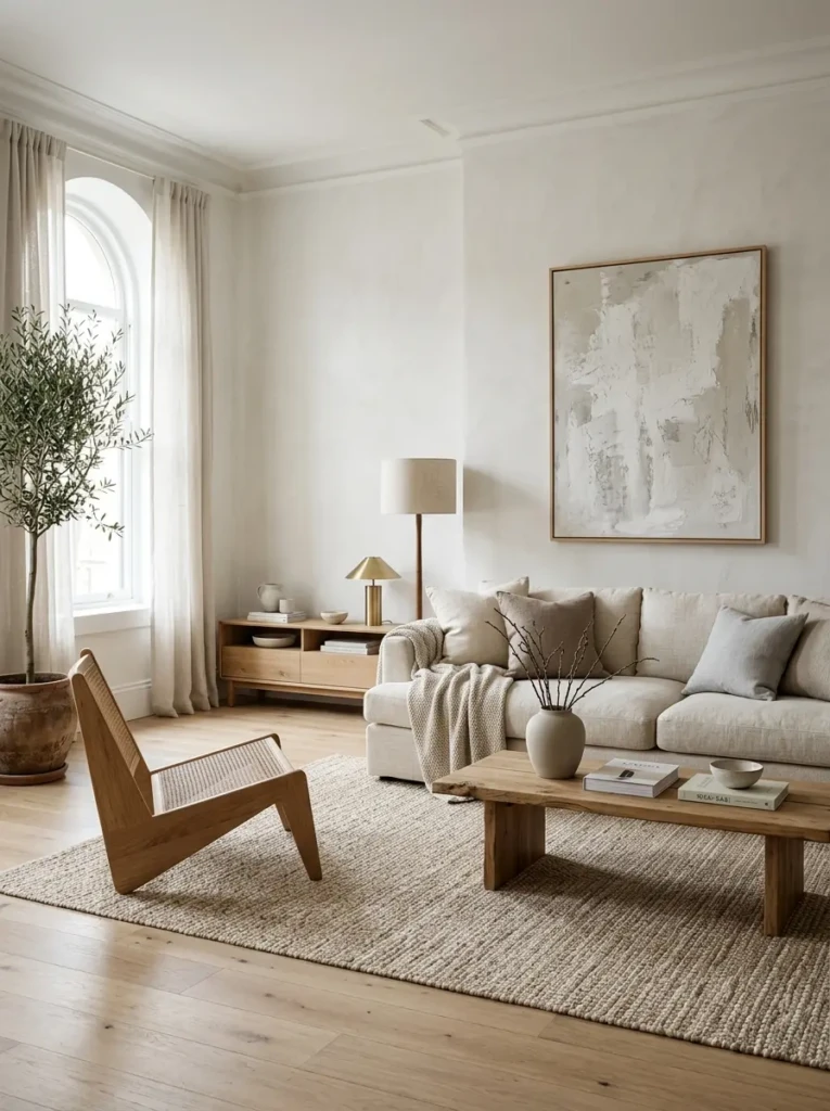 Neutral minimalist living room featuring beige, white, and taupe tones with elegant modern décor.