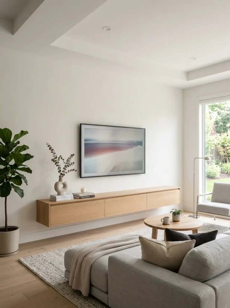 Minimalist living room with wall-mounted TV, concealed cables, and sleek floating media console.