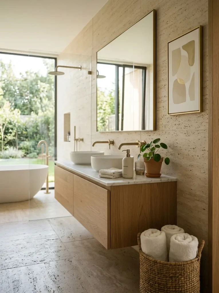 Stylish minimalist bathroom decor ideas featuring ceramic accessories, a small plant, framed artwork, and uncluttered surfaces.