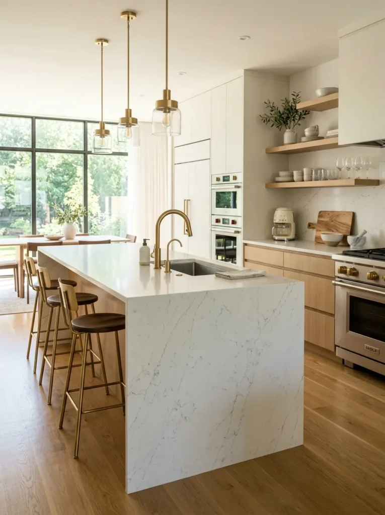 Luxury minimalist kitchen showcasing durable white quartz countertops with subtle veining and seamless contemporary cabinetry.