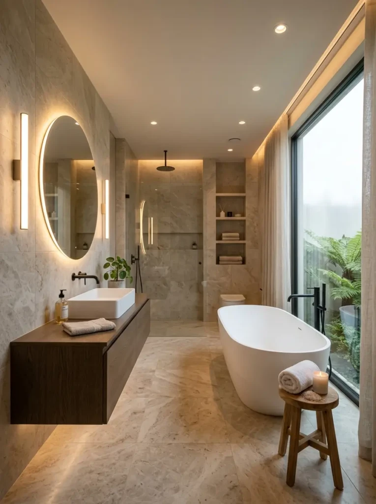 Luxury minimalist bathroom illuminated with warm LED mirror lighting, recessed lights, and elegant wall sconces.