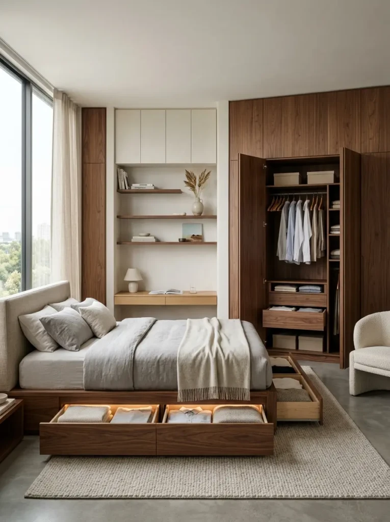 Minimalist bedroom with built-in wardrobe, hidden under-bed storage, floating shelves, and organized clutter-free interiors.