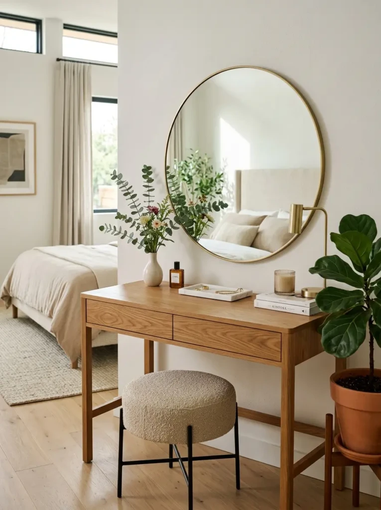Elegant minimalist dressing table with round mirror, wooden vanity, and modern neutral decor