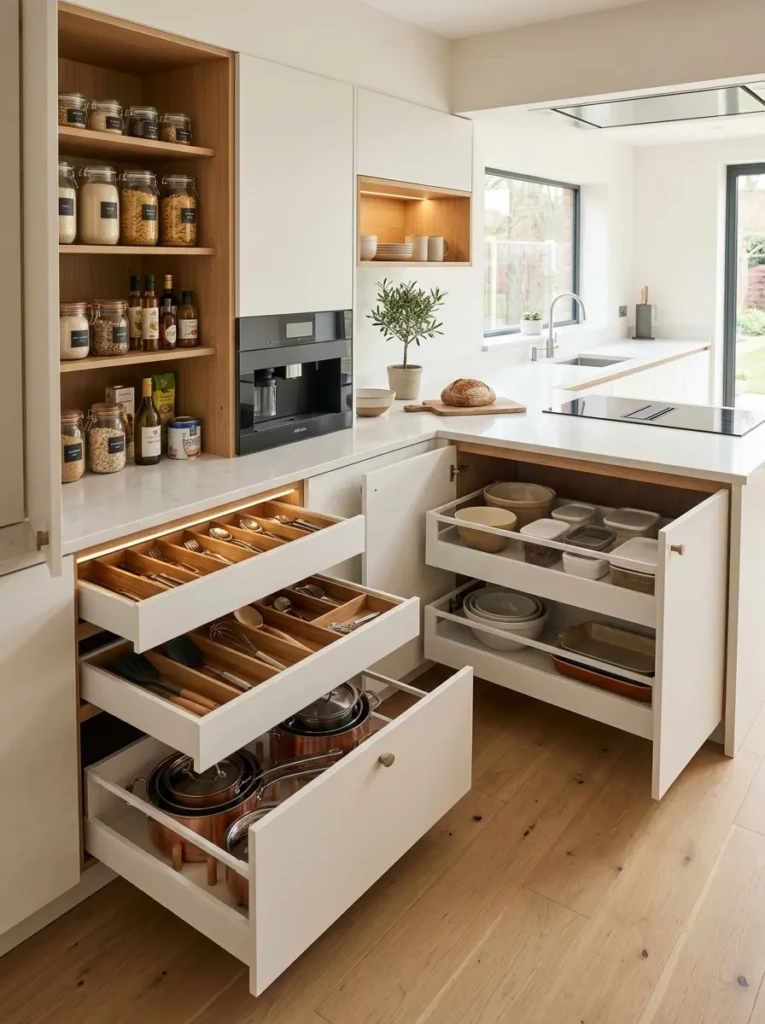 Minimalist kitchen featuring pull-out pantry shelves, organized drawers, hidden spice racks, and efficient storage solutions.