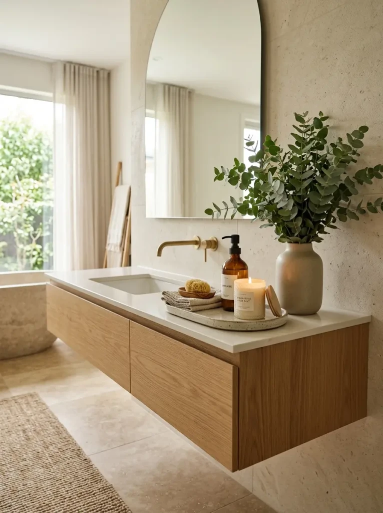 Elegant minimalist bathroom counter decor featuring a ceramic tray, soap dispenser, candle, and eucalyptus stems on a floating vanity.