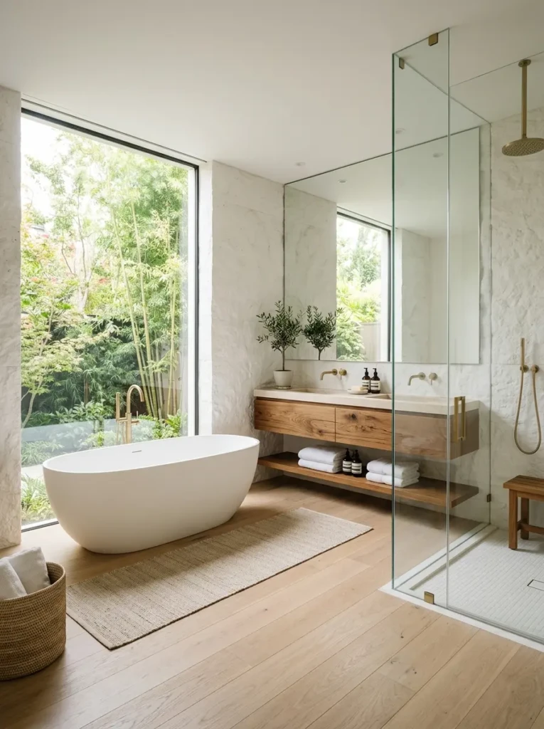 Luxurious minimalist bathroom with a freestanding bathtub, floating wood vanity, oversized mirror, glass shower, and timeless spa-inspired design.
