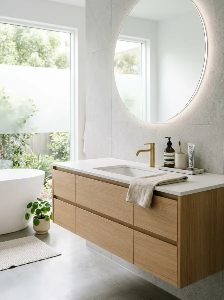 Clean minimalist bathroom vanity with a spotless quartz countertop, hidden storage, and neatly organized essentials.