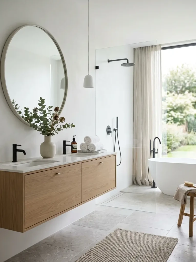 Elegant minimalist bathroom with carefully curated decor, clean floating vanity, neutral colors, and an uncluttered modern layout.
