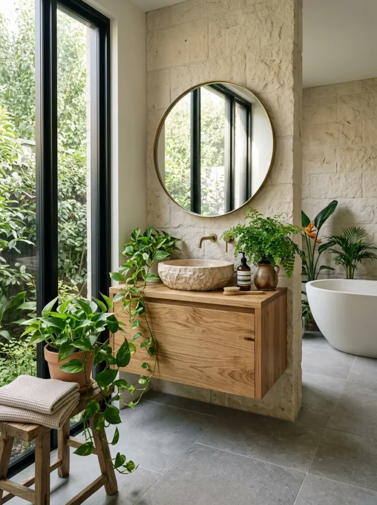 Bright minimalist bathroom featuring lush indoor plants, natural wood vanity, stone walls, and abundant natural sunlight.