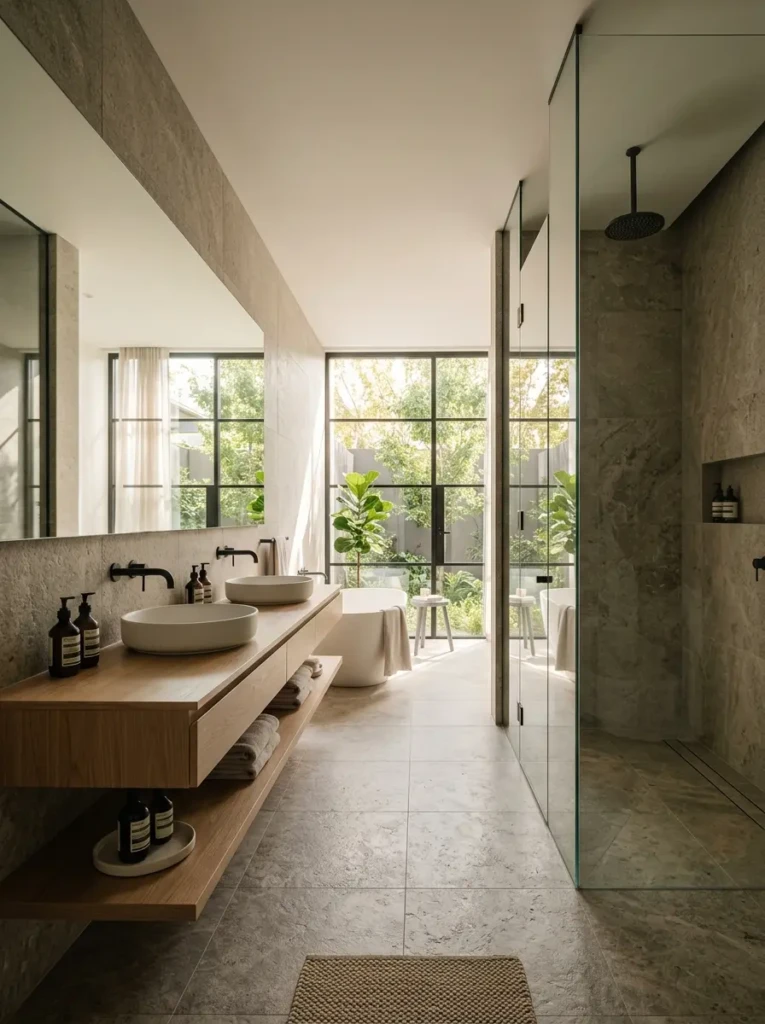 Spacious minimalist bathroom with a large frameless mirror reflecting natural light, floating vanity, and modern glass shower.
